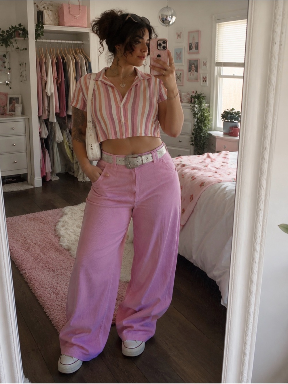 BUNDLE ✨ Pink Corduroy Wide Leg Pants + Y2K Stripe Crop Top
